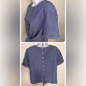 Sans Souci Blouse Blue Striped XL Short Sleeve Button Down Back Knotted Crop